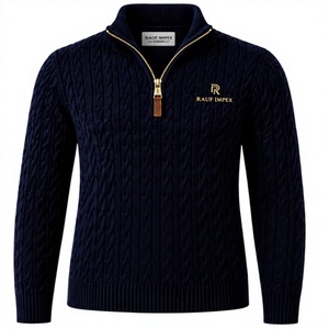 Pull d'hiver pour homme en coton 100% à maille torsadée, bleu marine, manches longues, logo uni sur le devant, respirant, personnalisable - Product Image 1