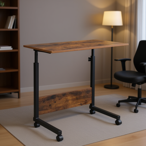 Adjustable Office <b>Desk</b> With <b>Rolling</b> Height Metal Legs Wood <b>Top</b> Modern Industrial Design For Home Or Commercial Use - Product Image 2