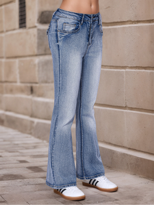 <span class=keywords><strong>Jean</strong></span> évasé <span class=keywords><strong>taille</strong></span> <span class=keywords><strong>haute</strong></span> en denim délavé bleu moyen avec poches à rabat, décontracté, pour <span class=keywords><strong>femme</strong></span>, nouvelle collection été - Product Image 1