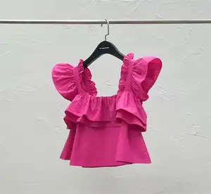 2023 New Summer Fashion Children Girl Solid Sleeveless Ruffle Tops Rose Pink Beige Black Green 3-15 Years