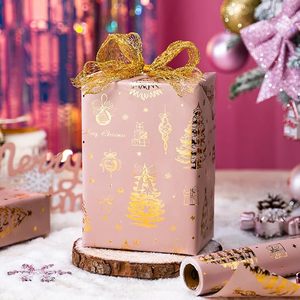 <b>Pink</b> Christmas Wrapping Paper Elegant Gold Foil Girly Christmas Tree Bell Bow Pattern Winter Gift <b>Wrap</b> for Present Packaging - Product Image 1