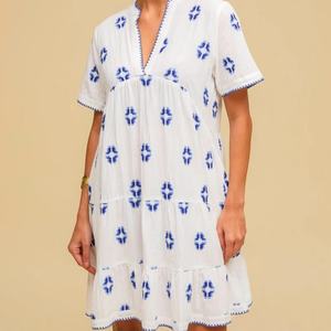 Vestido de Lino y Algodón Bordado Personalizado, Elegante, Cuello en V, Casual, Corte en A, Manga Corta, Midi, Vestido de Verano para Mujer - Product Image 5