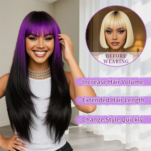 Parrucca Sintetica Lunga con Frangia Sfumata Viola/Nera, Effetto Snellente e Ringiovanente, per Cambiare l'Acconciatura, per Donne - Product Image 2