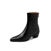 Bottes d'hiver tendance en cuir de vachette, confortables, antidérapantes, à talon épais de 6 cm, bout pointu, mi-mollet, avec fermeture éclair