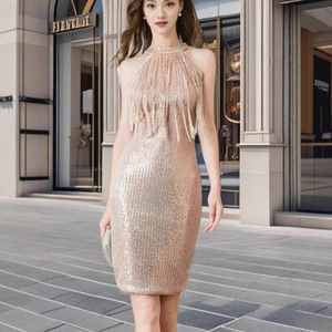 Robe de soirée mi-longue sans manches à col halter, à sequins et franges, avec superposition transparente - Product Image 4