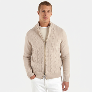 Pull en maille torsadée beige à carreaux, mélange nylon/cachemire, pour homme, automne, OEM, respirant, séchage rapide, anti-boulochage, 320g, fermeture éclair avant, manches longues - Product Image 2
