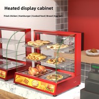 Vitrine chauffante électrique commerciale compacte à 3 niveaux en verre incurvé, rouge et noir, pour présentation de poulet frit et de plats rapides