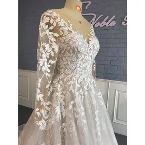 Fabrika gelin yüksek kalite uzun kollu Sparkly boncuklu elbise artı boyutu işlemeli dantel gerçek gelinlik Vestido De Novia