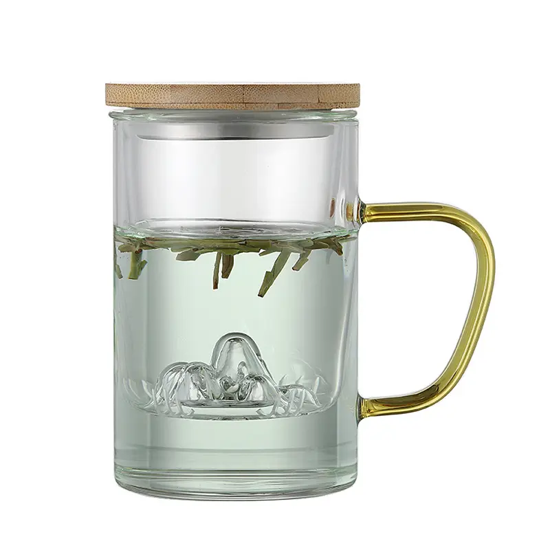 유리 꽃 차 투명 뷰 마운틴 필터 컵으로 차와 물 분리용 커버 포함 3 피스 워터 컵