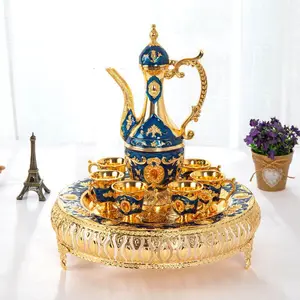 Bule de chá turco árabe, conjunto com 6 xícaras de metal para beber e decorar casa, vintage, 27,5 x 17,5 cm