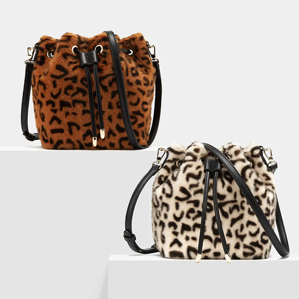 Personalizzata inverno trend del leopardo di modo della pelliccia del faux delle signore di cuoio delle donne del sacchetto secchio coulisse borsa