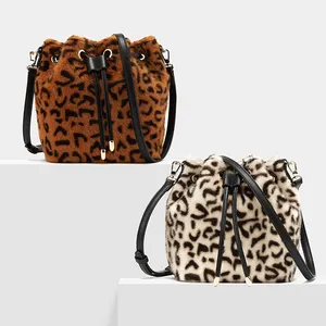 Зимняя трендовая модная леопардовая женская сумка-мешок из искусственной кожи на шнурке
