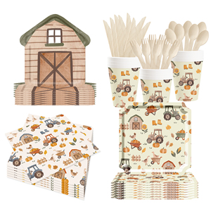 DAMAI - Platos, Vasos y Servilletas Desechables de Papel con Diseño de Granja Marrón para Fiestas de Cumpleaños con Temática de Cosecha Otoñal - Product Image 2