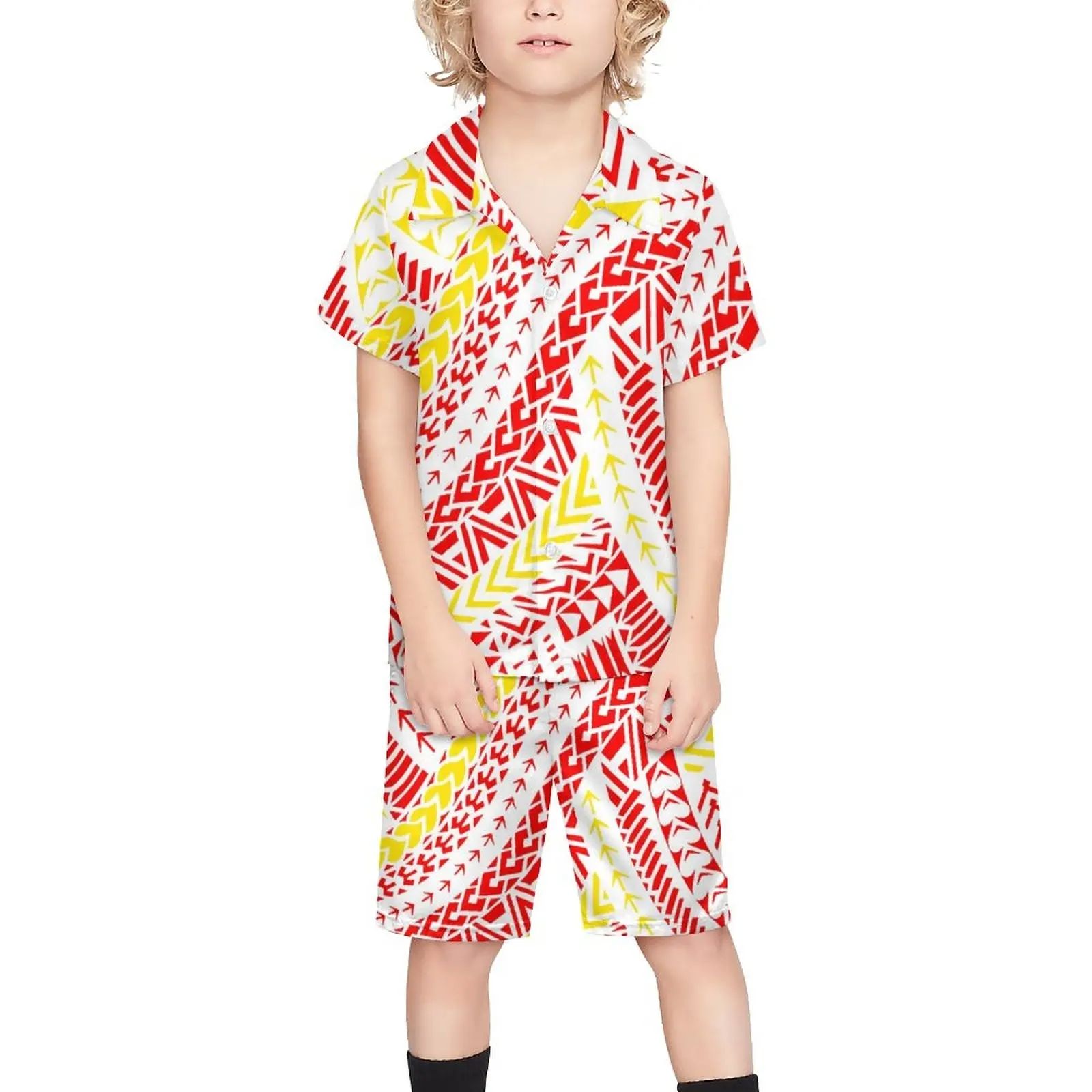 Hot Selling Kinder Casual Strandset Custom Boy 'S Shirt En Korte Broek Zomer Polynesische Tribal Design Kinderkleding