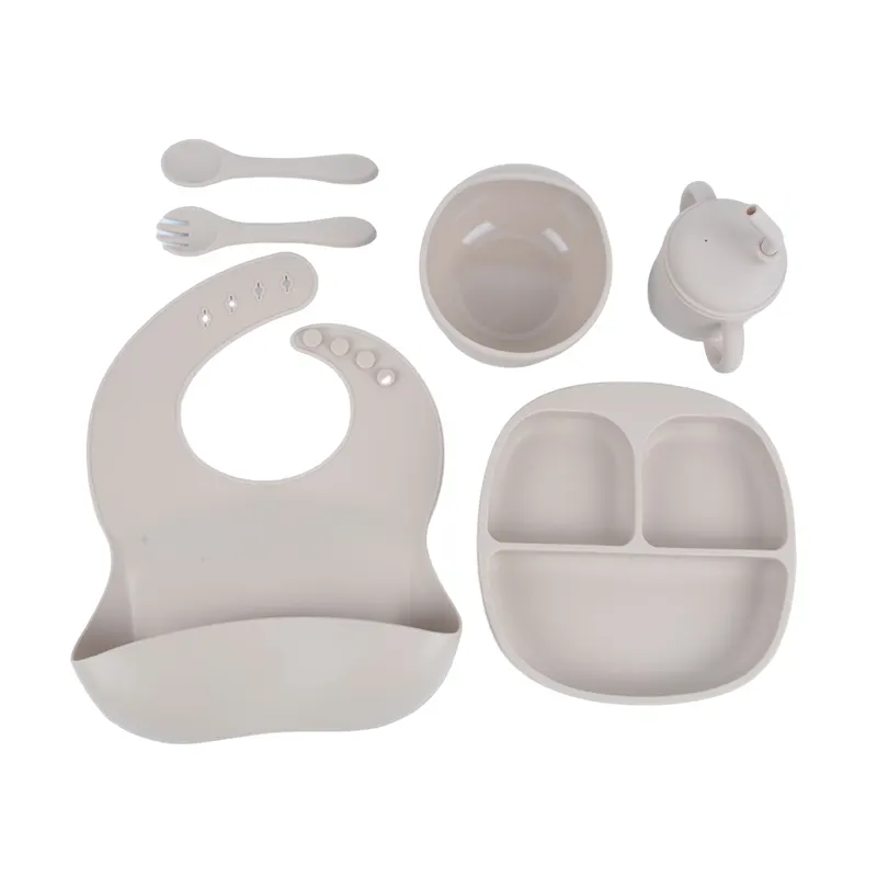 Bpa Free Unbreakable Toddler Tableware Utensils Silicone Bibs Divided Plate Suction Bowl Feeding Spoon Silicone Baby Eating Set