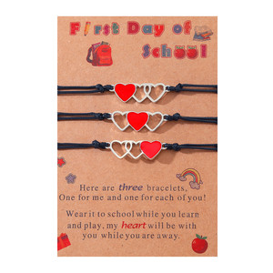 Usine En Gros Pas Cher À La Main Trois Coeur Émail Rouge Soeur Cire Noire Chaîne Bracelet Tressé En Acier Inoxydable Pour Les Filles - Product Image 1