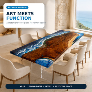 Mesa de Comedor Moderna Personalizada de Madera Maciza con Borde Natural y Resina Epoxi con Diseño de Olas Oceánicas, con Patas de Acrílico Transparente para Uso en Hoteles y Casas de Campo - Product Image 6