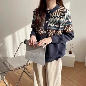 Vintage Jacquard Crewneck Sweater Women's Cardigan Spring and Autumn New Loose Ethnic Style Sweater Coat Women's <strong>Top</strong> - Product Image 1
