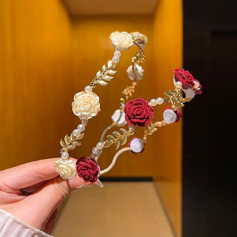 Go Party Luxus Elegante Metall Rote Rose Blume Blätter Stirnbänder Für Frauen Haarband Haarschmuck Perle Große Haar Klaue Clip