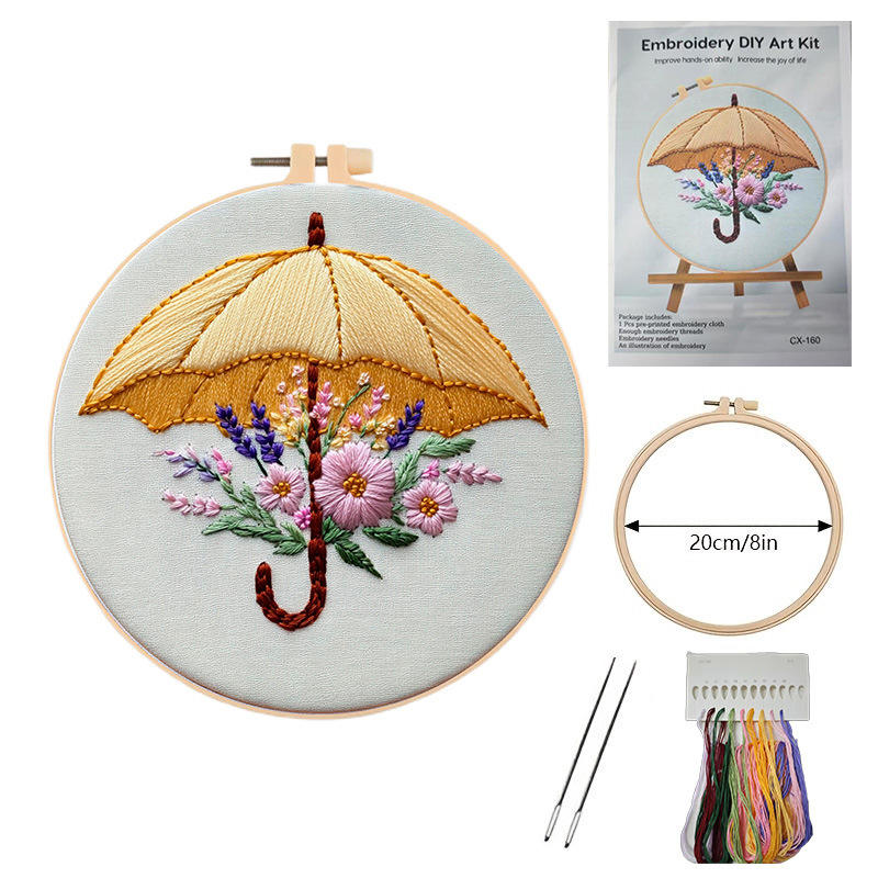 Fleurs sous parapluie - Broderie extensible en bambou de 20 cm