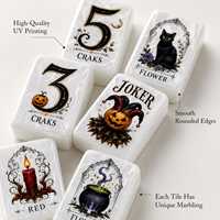 Jeu de tuiles de Mahjong américain thème Sorcière Gothique Halloween, tuiles élégantes Citrouille et Fantôme, texture marbre, pour divertissement familial