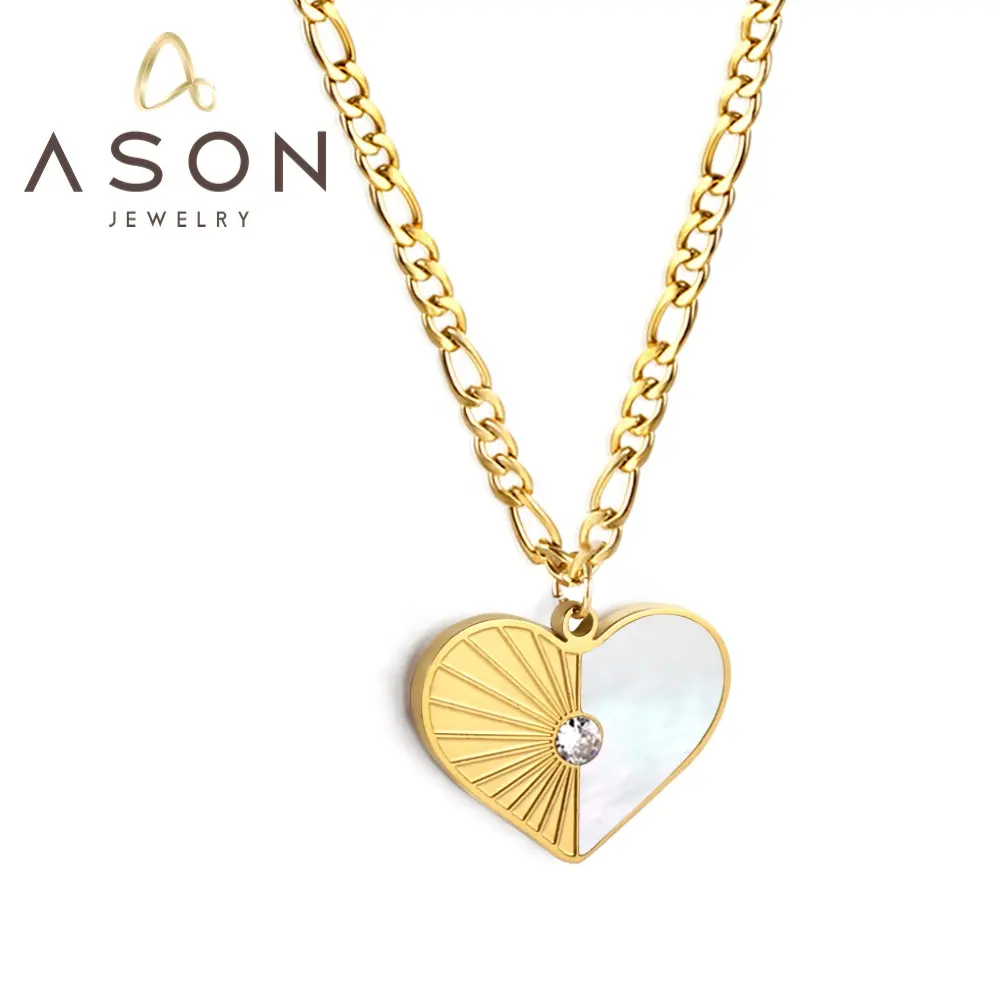 Ason Jewelry collana con catena Figaro in acciaio inossidabile impermeabile di nuovo Design a forma di cuore collana con ciondolo in zircone con conchiglia mezza bianca