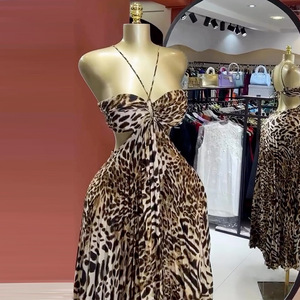 Mới Nhất Thiết Kế Phụ Nữ Thời Trang dạo phố Phụ Nữ Thời Trang Ren Up Không Tay xếp li Maxi Dresses Sexy Backless Leopard In Halter Dress - Product Image 6