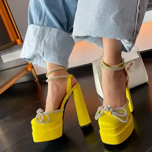 Sexy Silk Women's Sandals Party Pumps Summer Thick High-Heel Platform Bow Shiny Rhinestone Wedding Shoes Pink Yellow Big Size 43