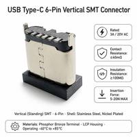 Connecteur femelle USB Type-C 6P, montage vertical SMD, capuchon en cuivre, marque LCP JLC, prise de charge, contacts nickelés, réceptacle 5V