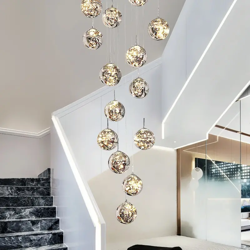 Staircase Glass Lampshade Ball Aluminum Wire Led Chandelier Indoor Villadom dining Room Hallway Starry Pendant Light