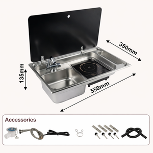 Évier de <span class=keywords><strong>caravane</strong></span> RV avec cuisinière à induction - Unité de cuisine intégrée en acier inoxydable avec couvercle en verre - Product Image 3