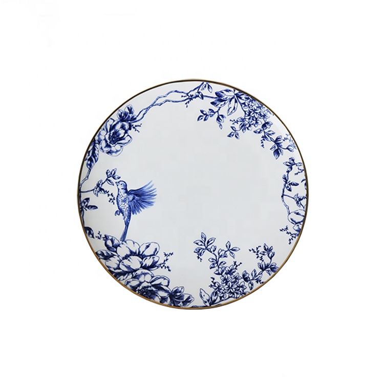 12 Inch China Groothandel Nordic Stijl Keramische Porselein Blauw En Wit Steak Pasta Dessert Snack Plaat Servies Met Gele Velg