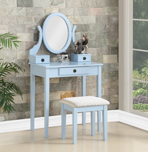 Modern Oak Wood Moniya Makeup <b>Vanity</b> <b>Table</b> and Stool Set with Storage Adjustable Lighted Mirror Blue - Product Image 1