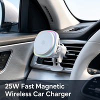 Chargeur de voiture sans fil rapide 25W PD avec protection OVP, support magnétique pour téléphone, LED colorée, en alliage d'aluminium ABS, fixation sur grille d'aération