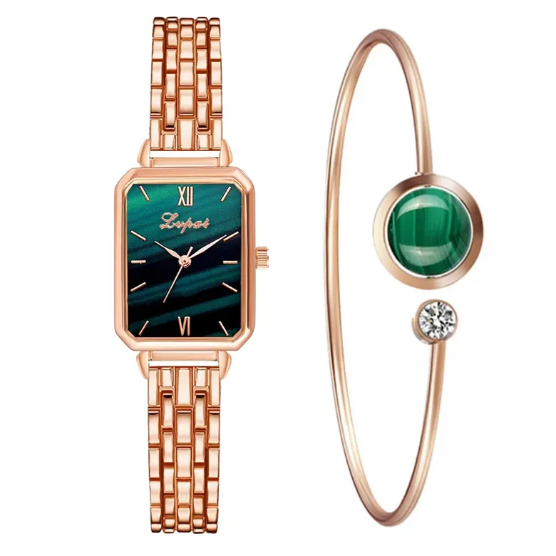 Watch For Women Luxury Square Ladies Wrist Watch Bracelet Set Green Dial Rose Gold Chain Female Clock Reloj Mujer
