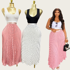 Jupe plissée mi-longue classique à pois, style français, polyvalente, taille haute, coupe trapèze, pour la vente en gros en boutique - Product Image 1