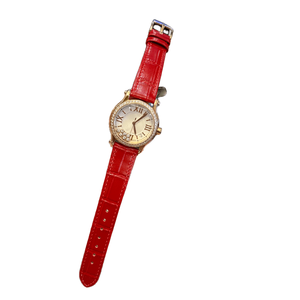 Montre à quartz pour femme avec lunette sertie de diamants, cadran à chiffres romains, bracelet en cuir rouge, montre-bracelet élégante et décontractée, Chopards - Product Image 2