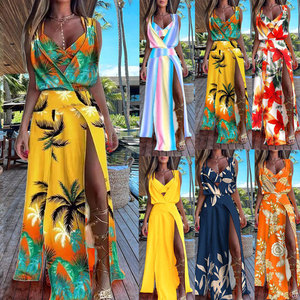 Vestido largo bohemio de verano para mujer, estampado Floral, cuello en V, sin mangas, con tirantes, cintura Imperio, hasta el suelo, para gasa informal con cuello Halter - Product Image 1