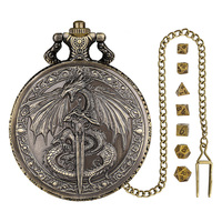 Boîte de montre de poche rétro argent/or avec des donjons mystérieux et des dragons avec un ensemble de mini dés étui polyédrique
