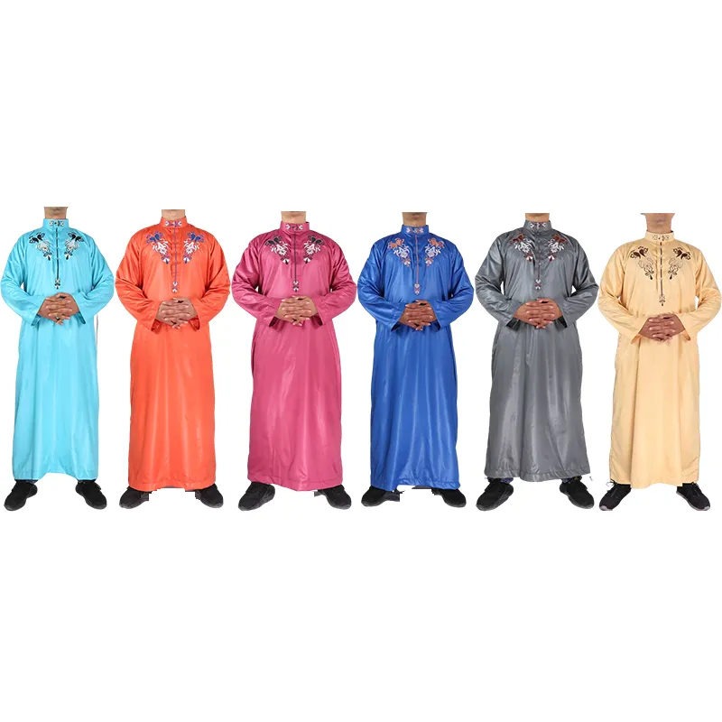 Thobe — vêtements musulmans style arabe pour hommes, broderie à manches longues, matériel brillant, taille mixte,