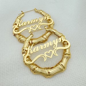 Pendientes de <span class=keywords><strong>Aro</strong></span> Personalizados con Placa de Nombre, Chapados en <span class=keywords><strong>Oro</strong></span>, de Acero Inoxidable - Product Image 5