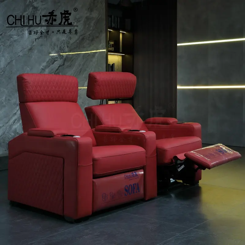 top grain leather theater seating 2 seats power recliner sofa home movie room chair with LED cup holder for commercial theatre