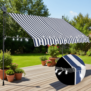 Manual Retractable Awning 98.4 In Led <b>Solar</b> Garden <b>Lights</b> Blue White Stripe Outdoor Patio Canopy With <b>String</b> <b>Lights</b> - Product Image 2