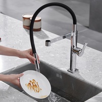 Robinet de cuisine moderne chromé en promotion avec flexible en silicone noir extractible, mitigeur d'évier de cuisine à poser sur comptoir en laiton