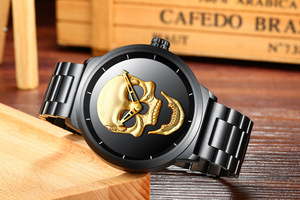 Reloj de cuarzo para hombre con esfera negra 3D y correa de acero inoxidable – Reloj de moda estilo gótico urbano - Product Image 2