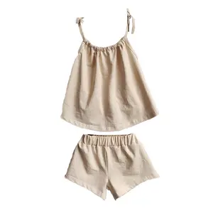 Algodão Short Set Verão Menina Sem Mangas Regata e Shorts Duas peças Toddler Tie Ombro Cami Top Set