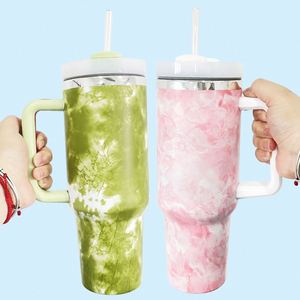 Tie-Dye Wholesale Bulk <b>Large</b> H2.0 40oz Tumbler <b>Print</b> Stainless Steel Tumbler Mugs with Handle and Straw - Product Image 1