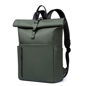 Quality Roll <b>Top</b> Laptop Backpack with Back Side Open Pocket Waterproof PU Leather Custom logo Business Backpack for Teenager - Product Image 1