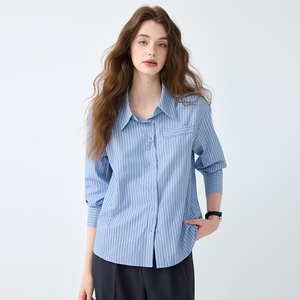 Women's Blue Striped Shirt Cotton Poplin Office Wear Elegant Professional Top - Product Image 3