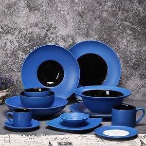 Service de vaisselle rond en céramique bleu et noir, ensemble moderne d'assiettes et de bols en porcelaine pour restaurant et usage domestique quotidien - Product Image 2